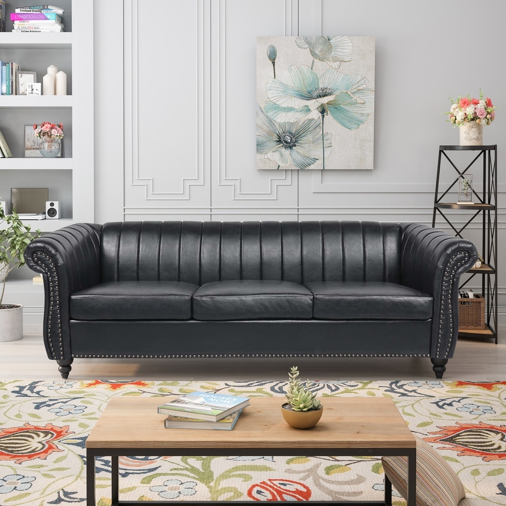 Modern PU Rolled Arm Chesterfield Three Seater Sofa