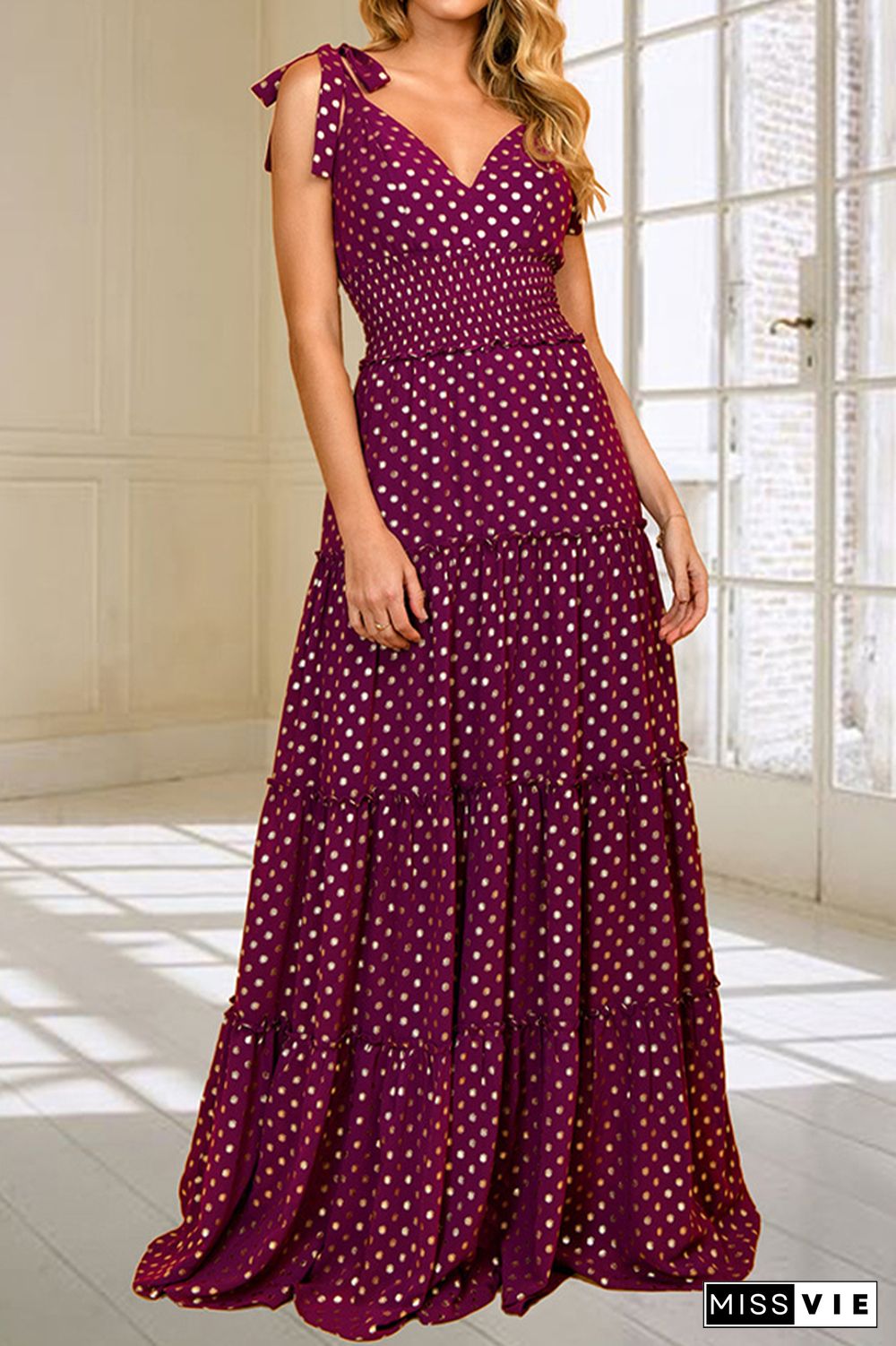 Polka Dot V Neck Sleeveless Long Dress Wholesale