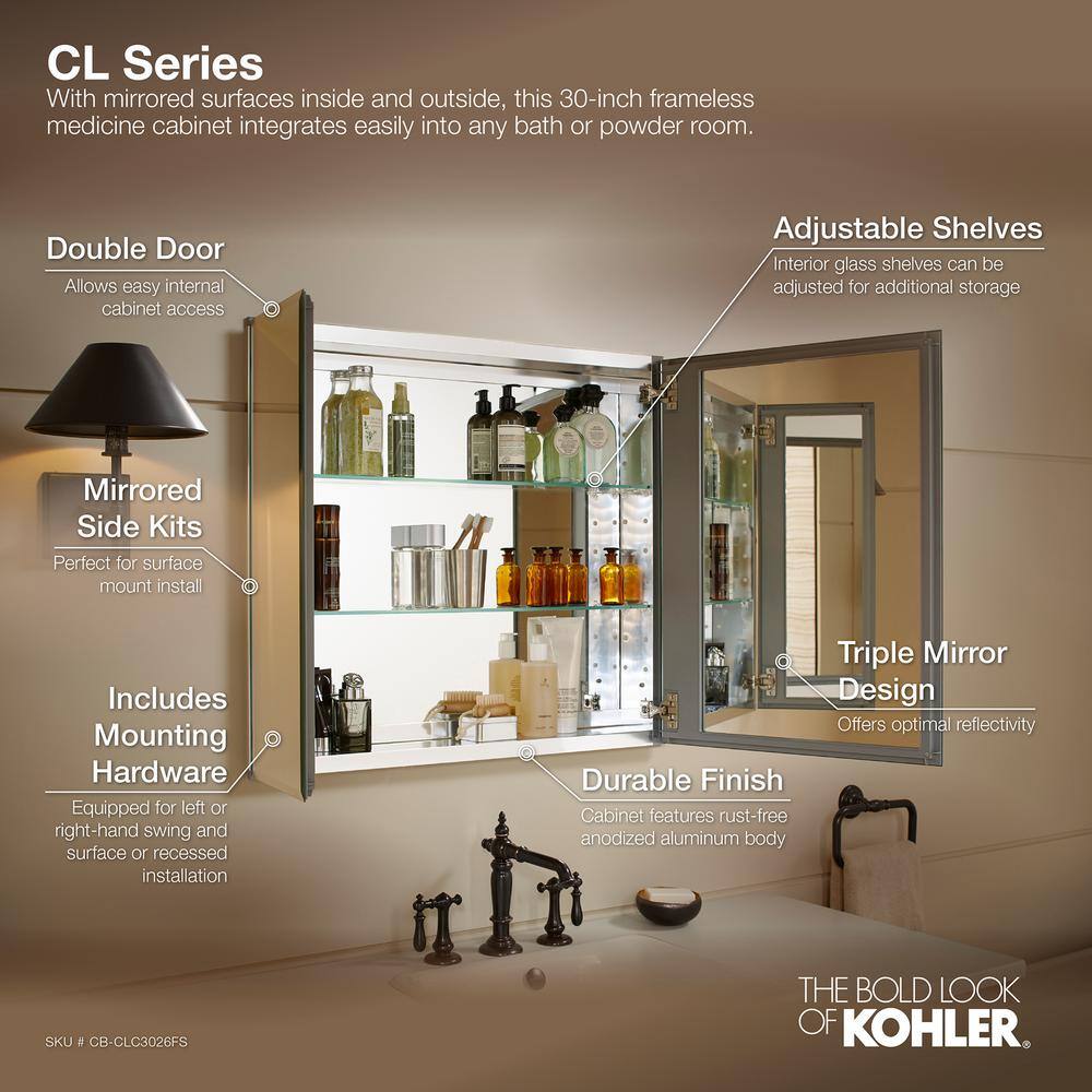 KOHLER 30 in. W x 26 in. H Two-Door Recessed or Surface Mount Medicine Cabinet in Silver Aluminum K-CB-CLC3026FS