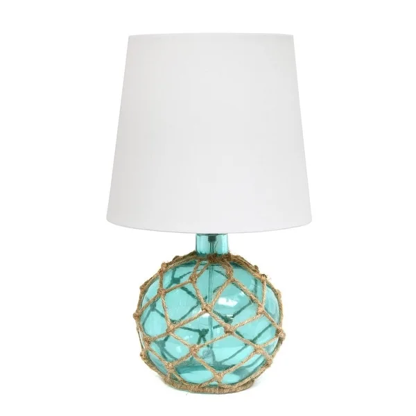 Elegant Designs Buoy Rope Nautical Netted Coastal Ocean Sea Glass Table Lamp with White Fabric Shade， Aqua - 9(L)9(W)14.75(H)