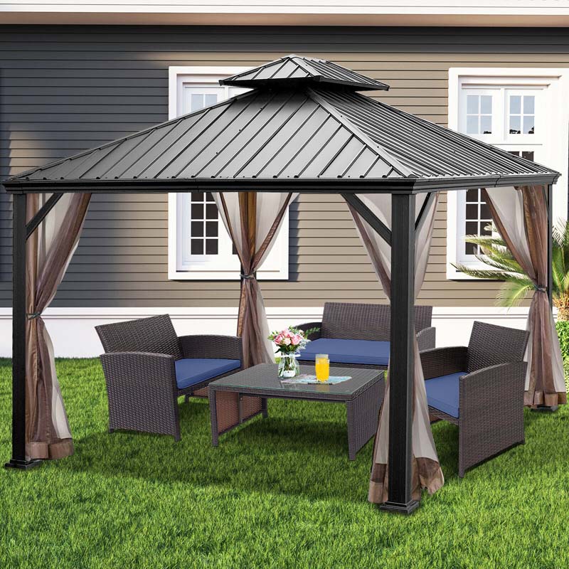 12 x 10 FT Hardtop Gazebo with Netting & Central Hook, 2-Tier Outdoor Patio Metal Gazebo Canopy Tent