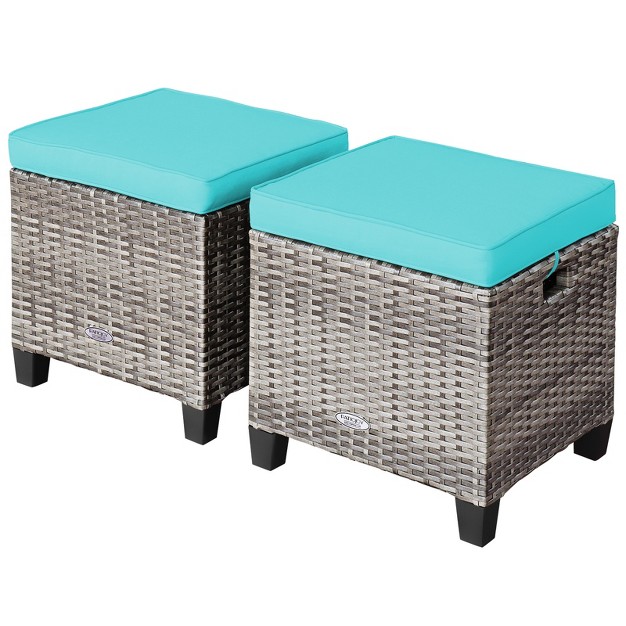 Tangkula Set Of 2 Outdoor Rattan Cushioned Ottoman Seat All Weather Patio Footrest Red turquoise