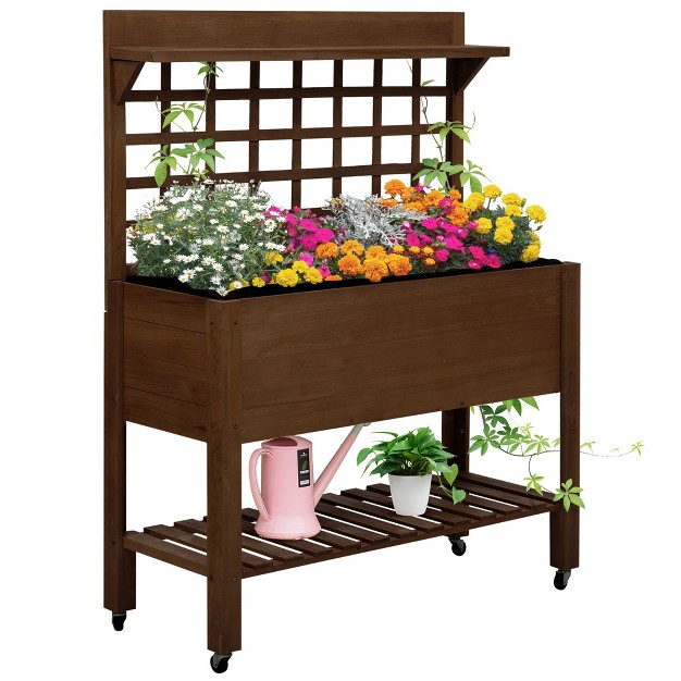 Outsunny 41'' Raised Garden Bed Mobile Elevated Wooden Planter Box Stand With Wheels， Trellis And Storage Shelf