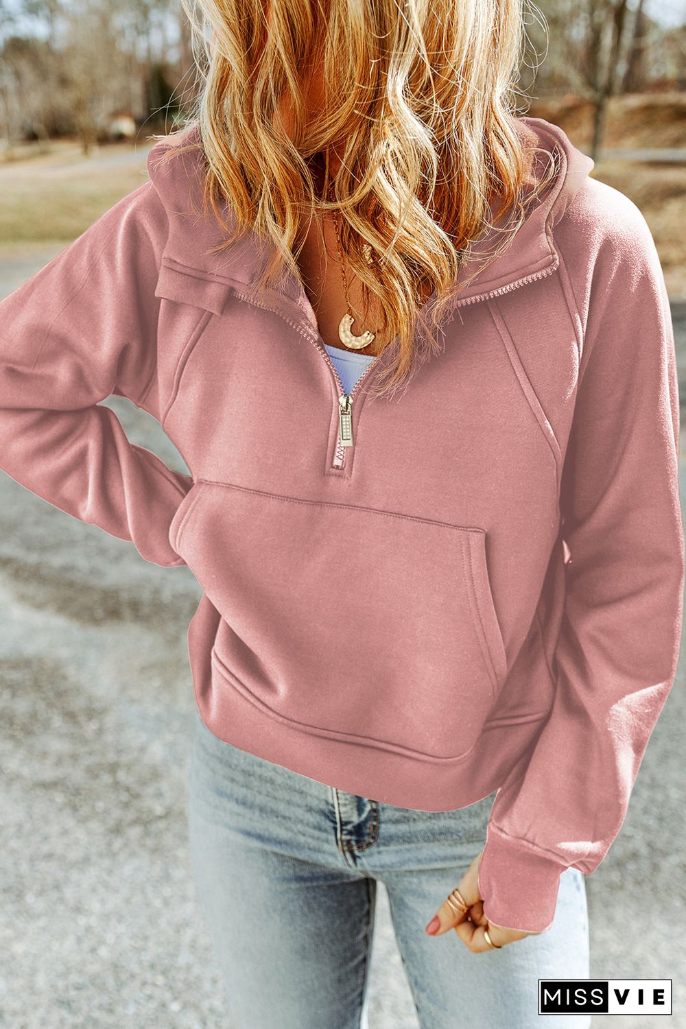 Pink Quarter Zip Kangaroo Pocket Hoodie