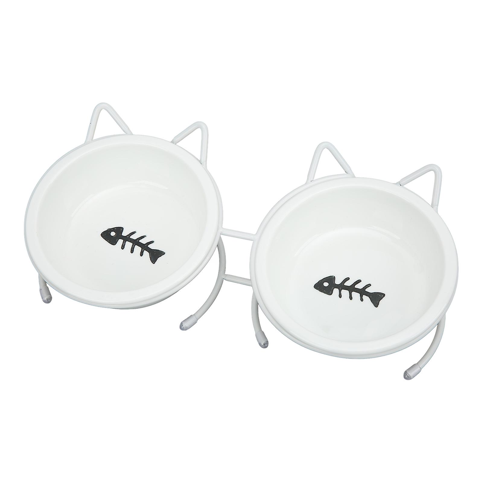 Pet Double Ceramic Bowl Double Ceramic Raised Cat Bowls With Metal Stand And Cover For Food And Water