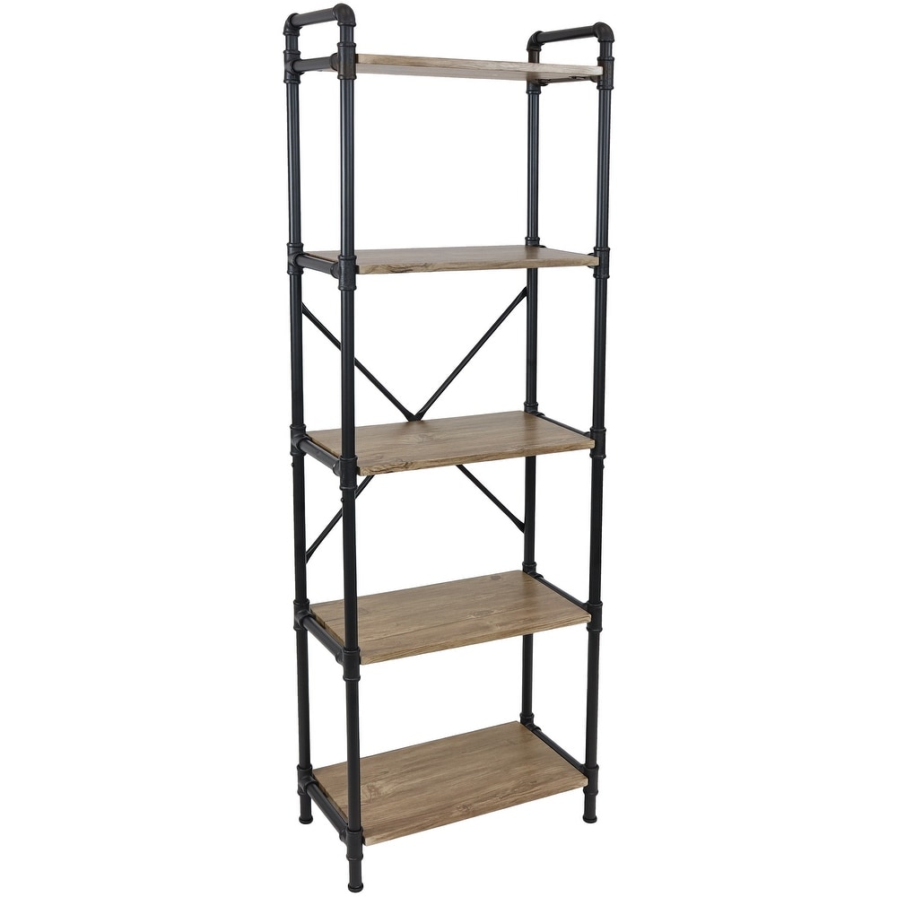 5 Tier Black Pipe Bookshelf with Wood Veneer Shelves