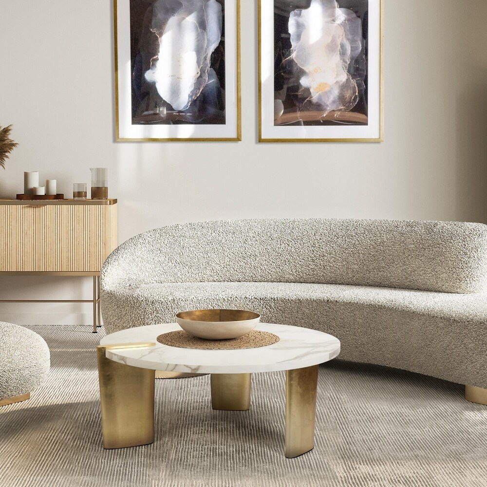 Modern Glam Round Coffee Table Golden Legs with White Faux Marble Veneer   37\