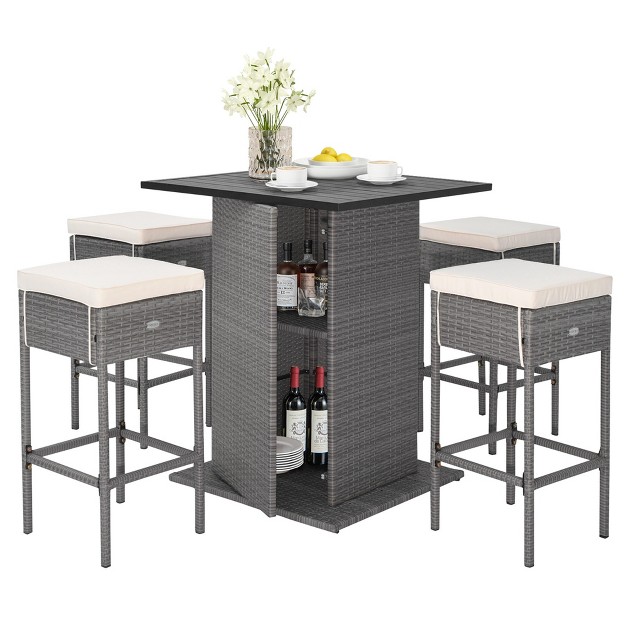 Costway 5 Pcs Outdoor Wicker Bar Table Set With Hidden Storage Shelves Bar Table Stools