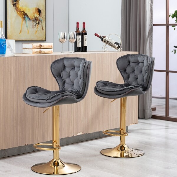 Modern Bar Stools with Chrome Footrest and Base Swivel Height Adjustable Mechanical Lifting Velvet， Golden Leg， Set of 2