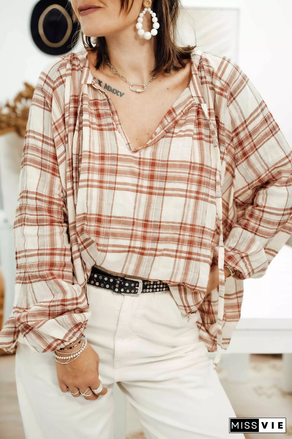 Plaid Print V-Neck Long Sleeve Blouse