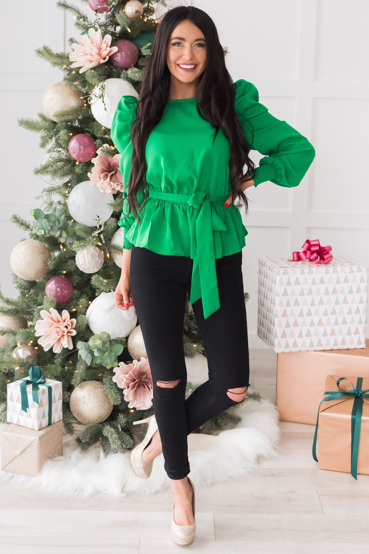 Santa's Helper Puff Sleeve Modest Blouse