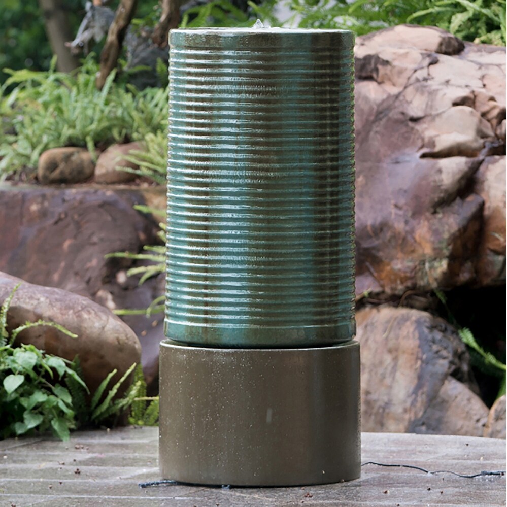 Large Concrete Cylinder Green   Brown Ribbed Water Fountain  Outdoor Bird Feeder / Bath Fountain  Modern Industrial Style