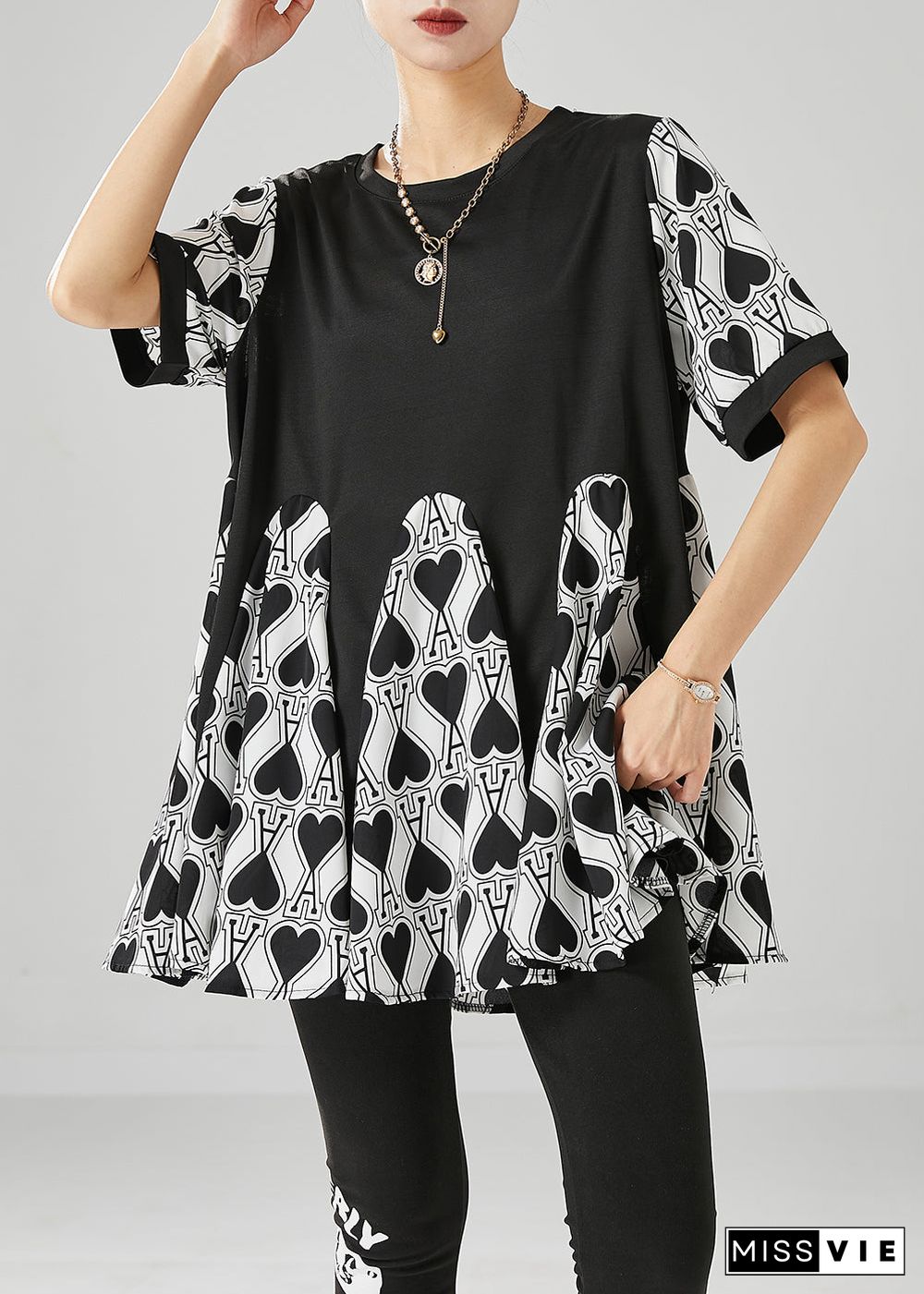 Fine Black Oversized Patchwork Love Print Chiffon Shirt Tops Summer