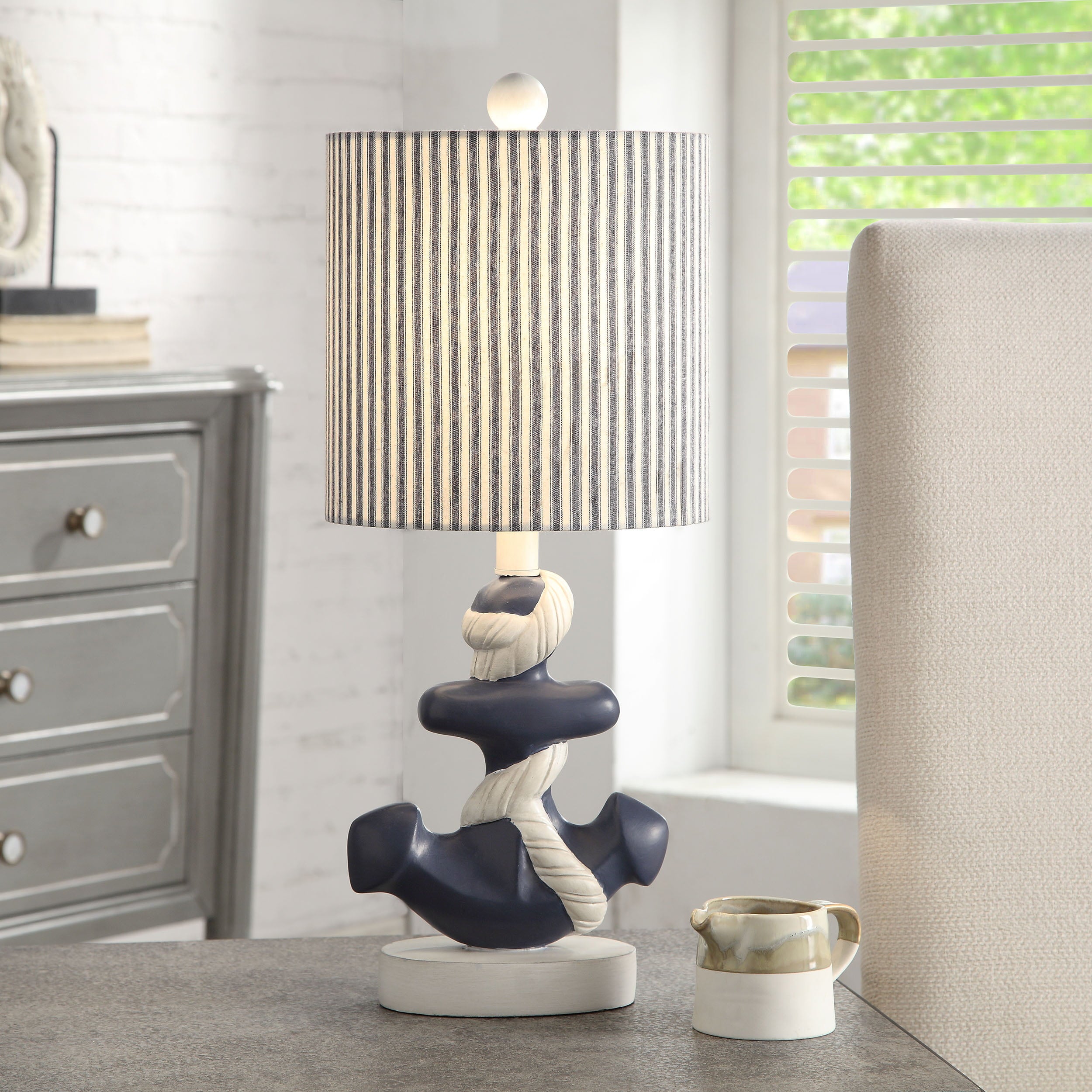 Montauk Molded Nautical Anchor Table Lamp Navy and White Finish, Navy Blue and White Fabric Shade