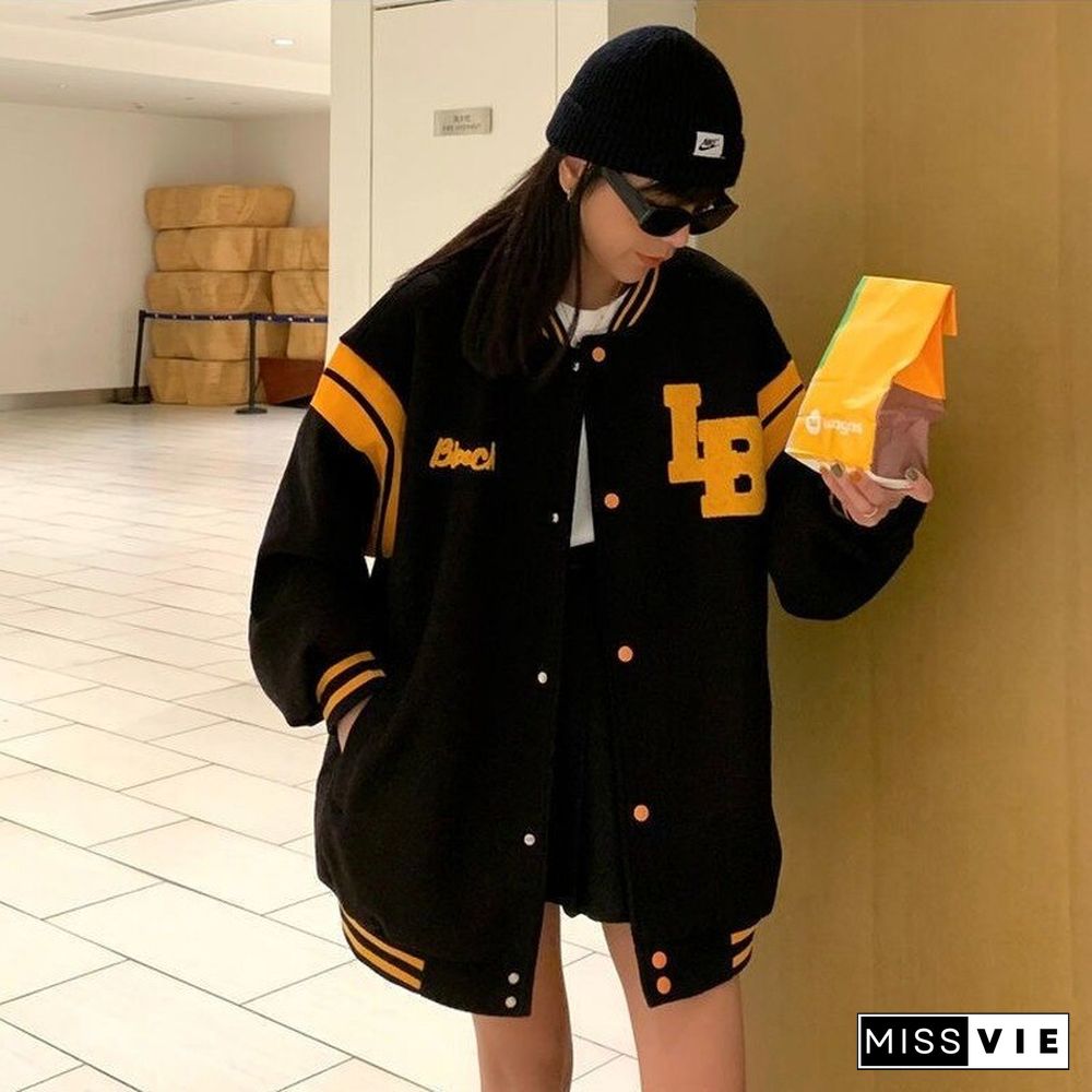 Baseball Jacket for Women Autumn Loose Bomber Jacket Women Oversize O Neck Embroidery Baseball Uniform Women's Jackets