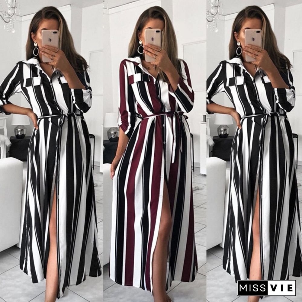 Office Lady Turn-Down Collar Button Lace Up Long Shirt Dress Women Autumn Spring Long Sleeve Stripe Maxi Dresses