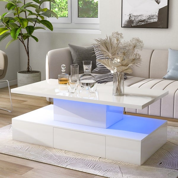 2-Tiers Rectangle Glossy Coffee Table with a Drawer Center Table with Plug-in 16 Colors LED Lighting End Table for Living Room