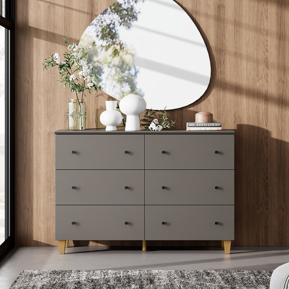 6 Drawers Dresser for Bedroom  Wooden Wide Chest of Drawers