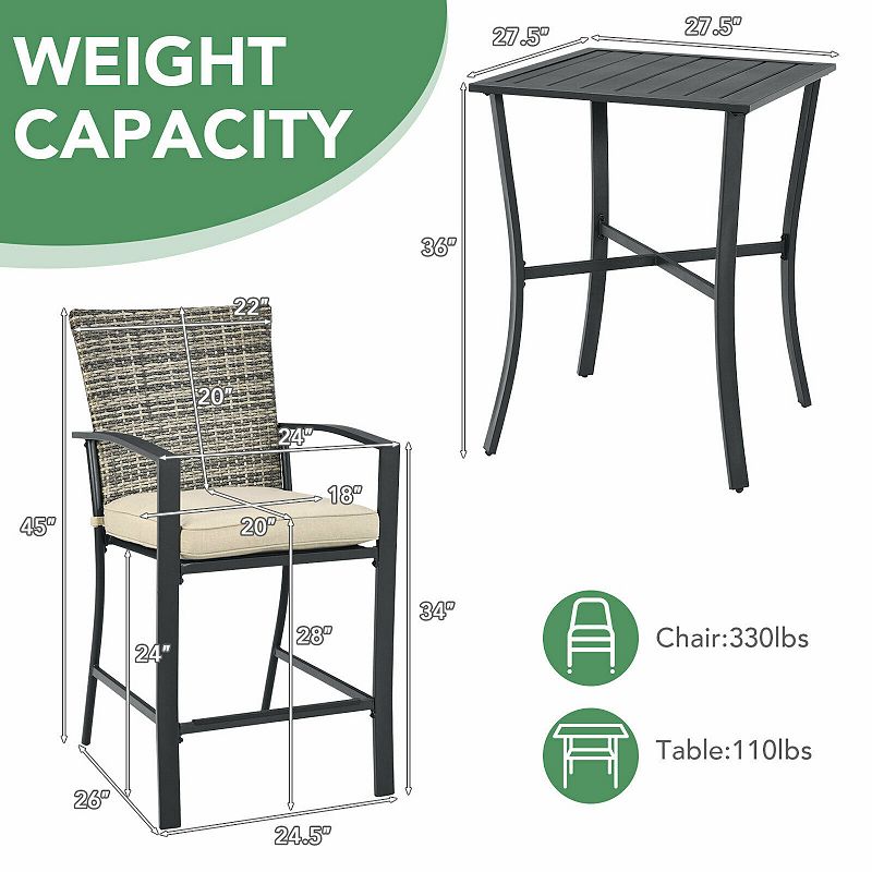 3 Pieces Patio Rattan Bar Furniture Set with Slat Table and 2 Cushioned Stools-Grey