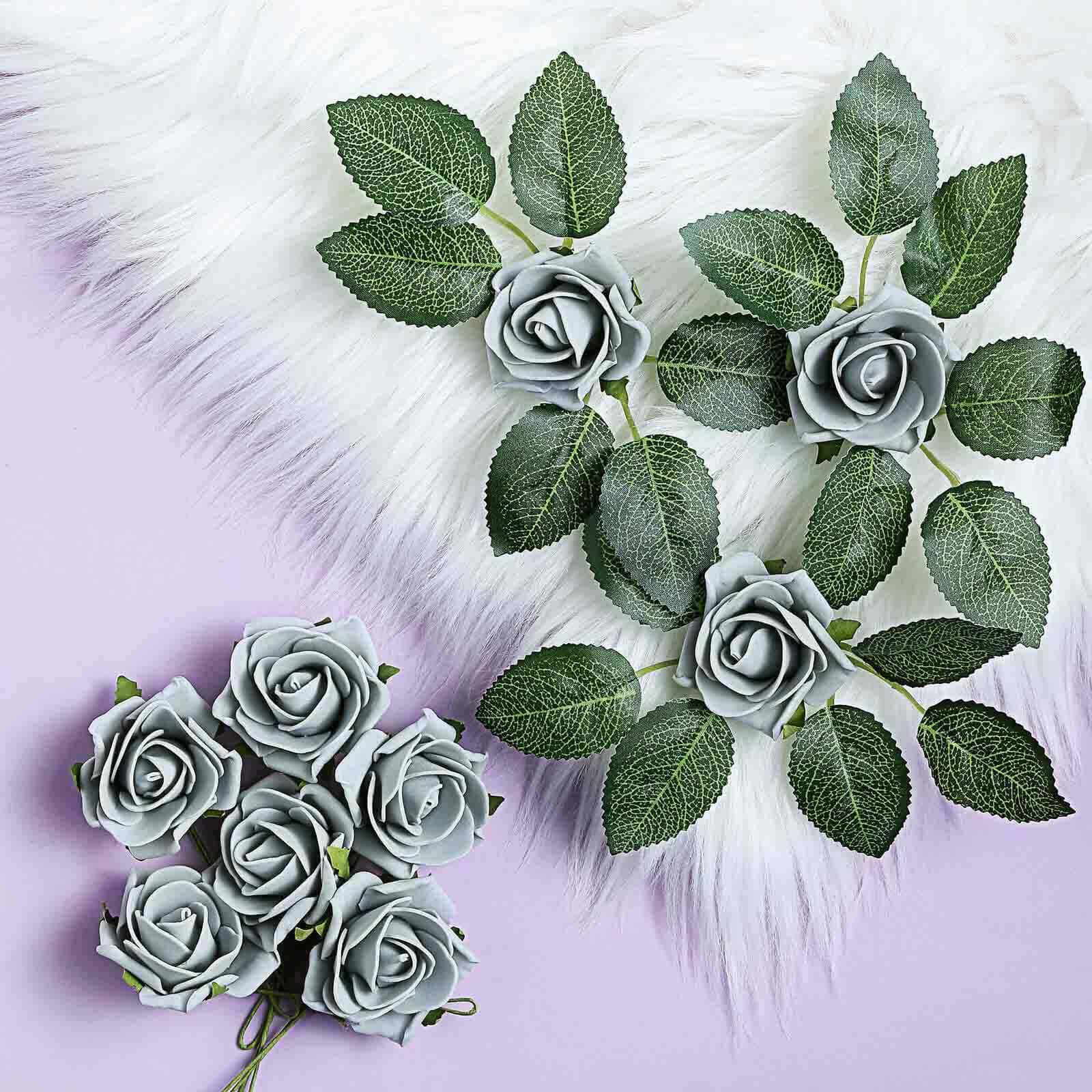 24 Roses Silver Artificial Foam Flowers With Stem Wire and Leaves 2