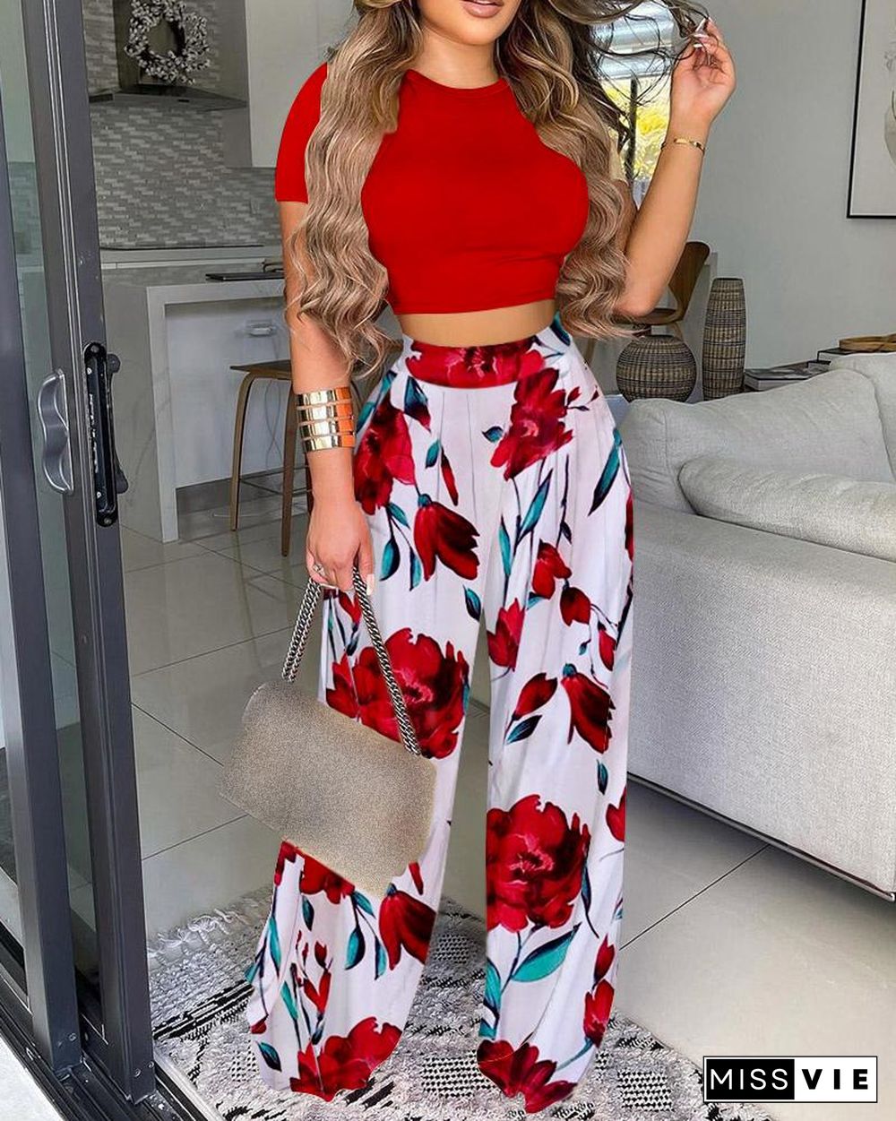 O-neck Top & Floral Print Wide Leg Pants Set