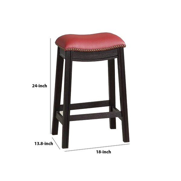 24 Inch Padded Counter Stool with Nailhead Trim， Set of 2， Brown and Red