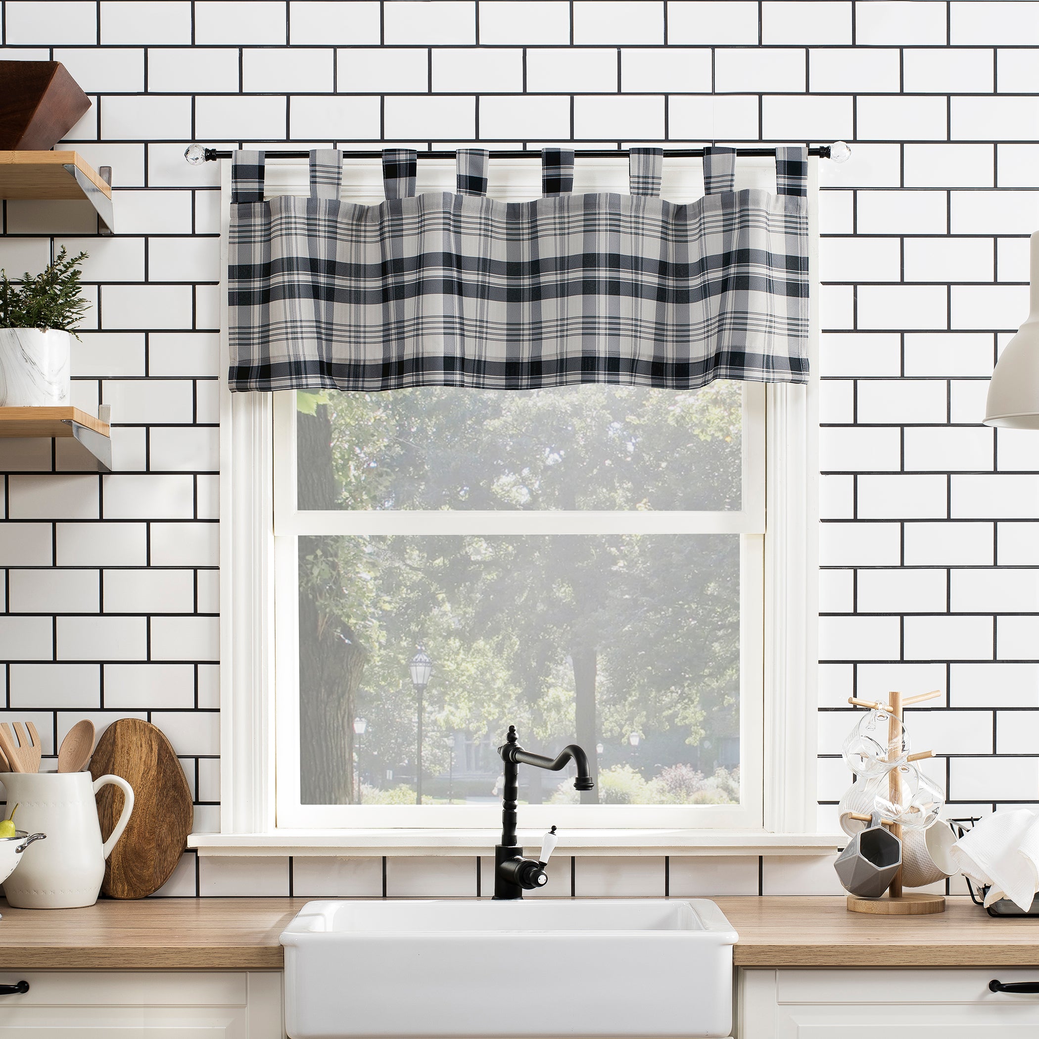 No. 918 Blair Farmhouse Plaid Semi-Sheer Tab Top Kitchen Curtains, 52x36, Coal