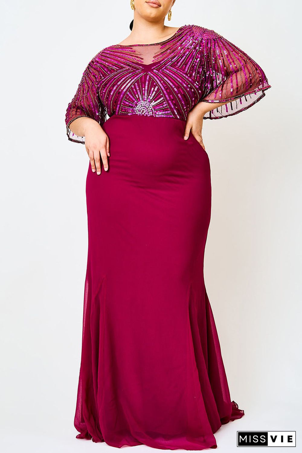 Red Sequin Mesh Open Back Plus Size Maxi Dress