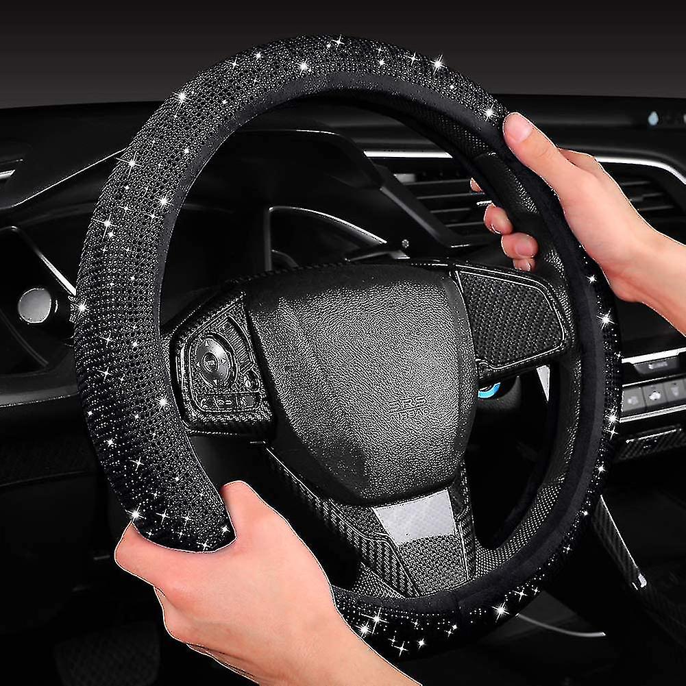 Women Fashion Black Velvet Bling Steering Wheel Cover With Black Diamonds， 15 Inch Standard