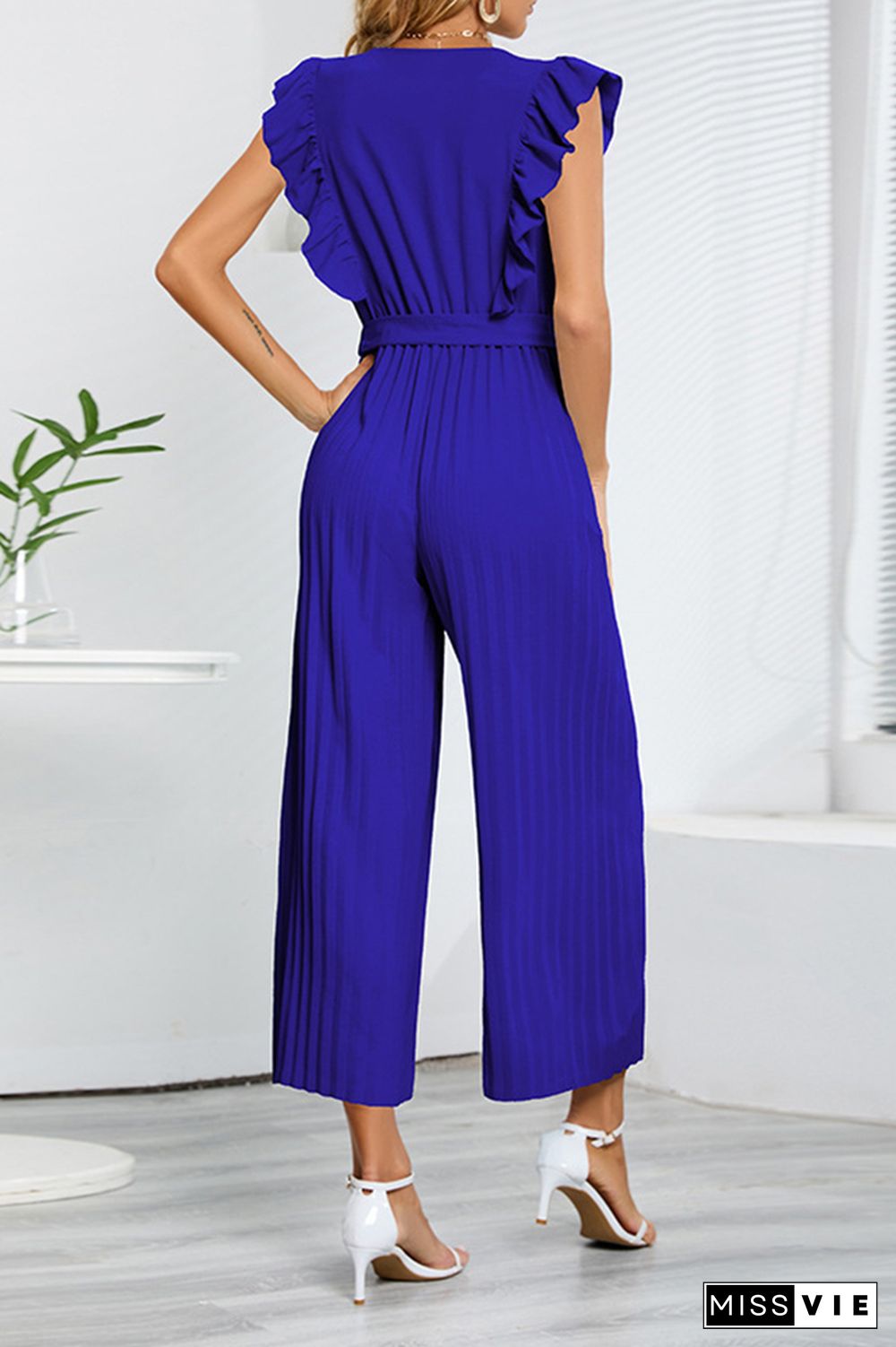 Sleeveless V Neck Ruffle Pleated Wide Leg Jumpsuit