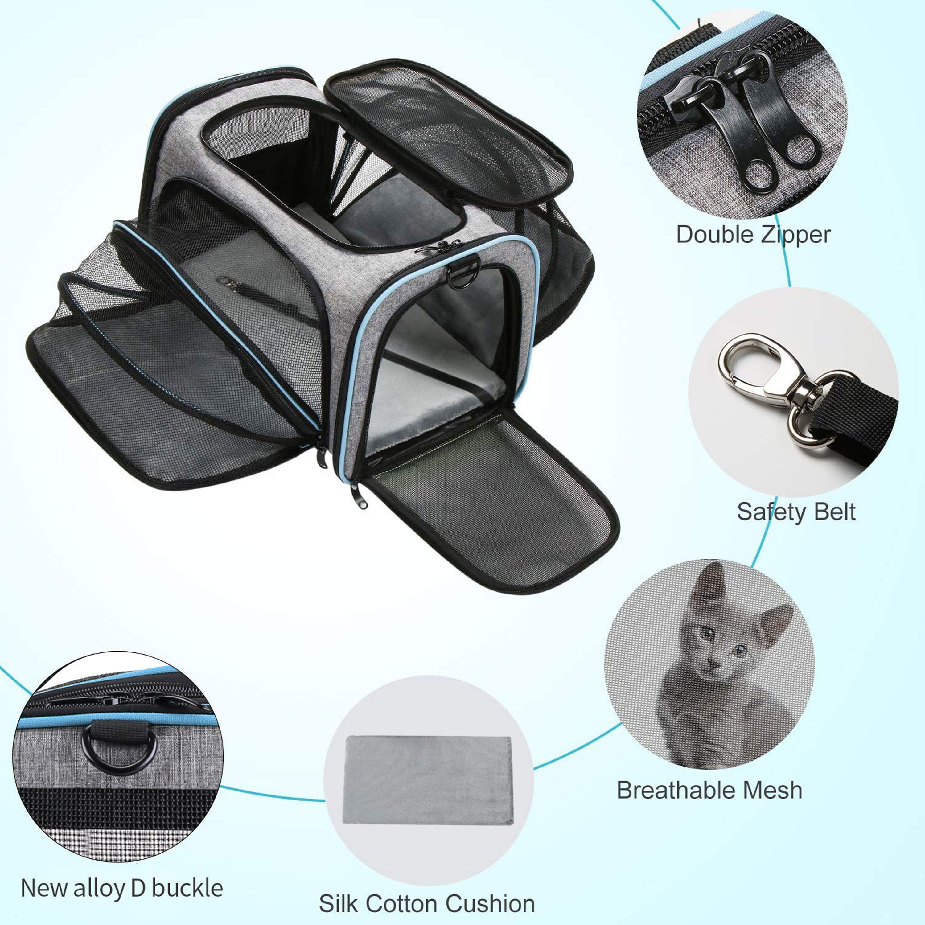 Pet Carrier Airline Approved， Large Soft Sided Pet Travel TSA Carrier 4 Sides Expandable Cat Collapsible Carrier with Removable Fleece Pad and Pockets for Cats Dogs and Small Animals