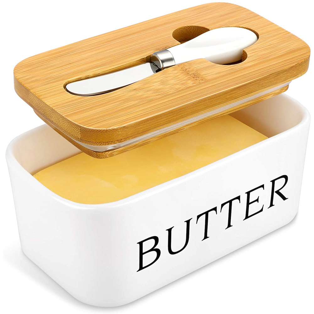 HKEEY Butter Dish， Ceramic Butter Dish with lid and Stainless Steel Butter Knife Spreader， Butter Keeper Double Silicone Seals， Easy Clean， Butter Dishes with Covers