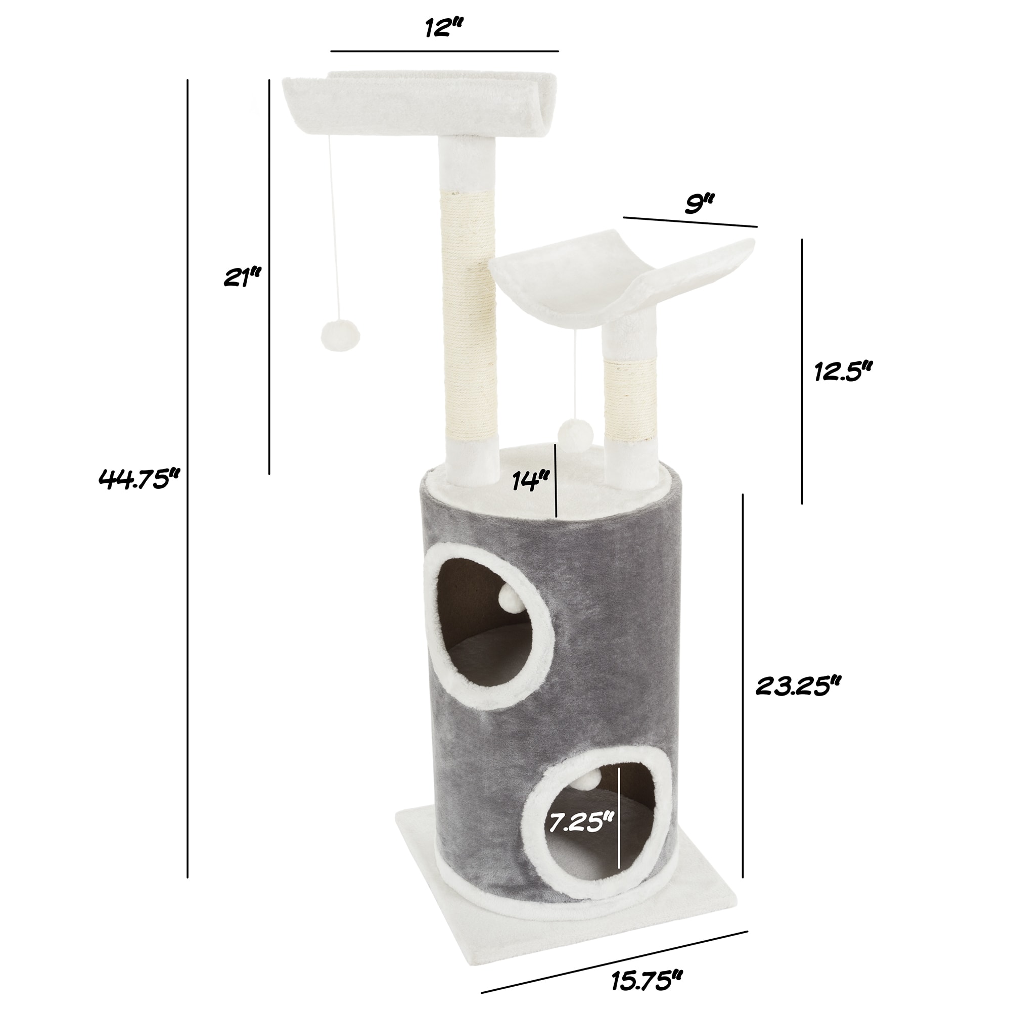 PETMAKER 5 Level Cat Tree Double Decker Condo with 4 Toys and 2 Scratching Posts in Gray， 44.75 H