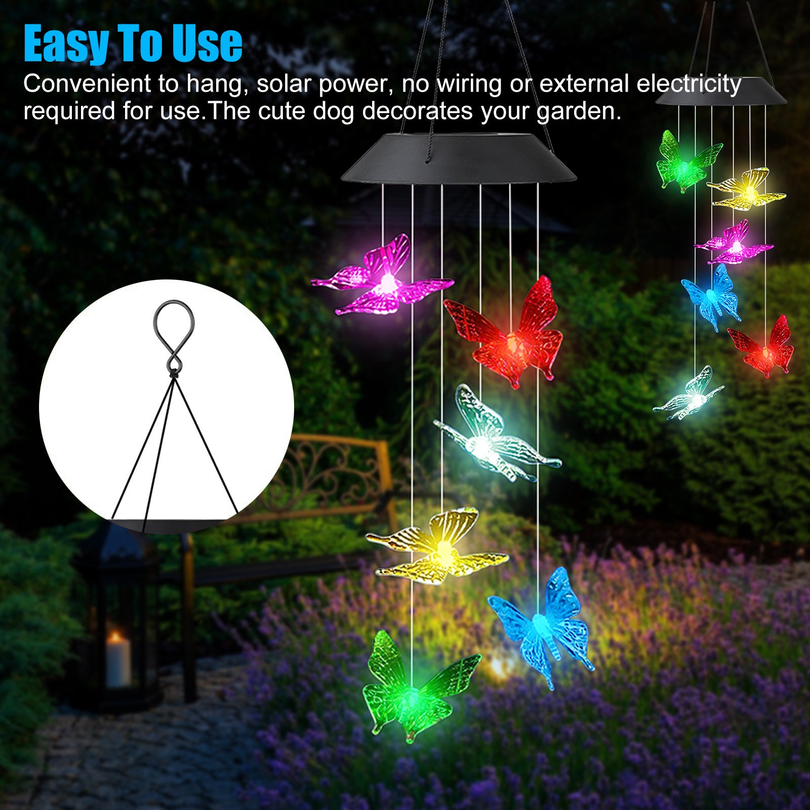 TSV Solar Changing Color Butterfly Wind Chime， Solar Powered LED Hanging Wind Belles Light， Waterproof， for Outdoor Indoor Gardening Yard Pathway