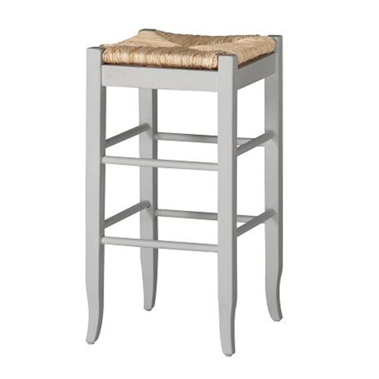 Square Wooden Frame Barstool with Hand Woven Rush， White and Brown- Saltoro Sherpi