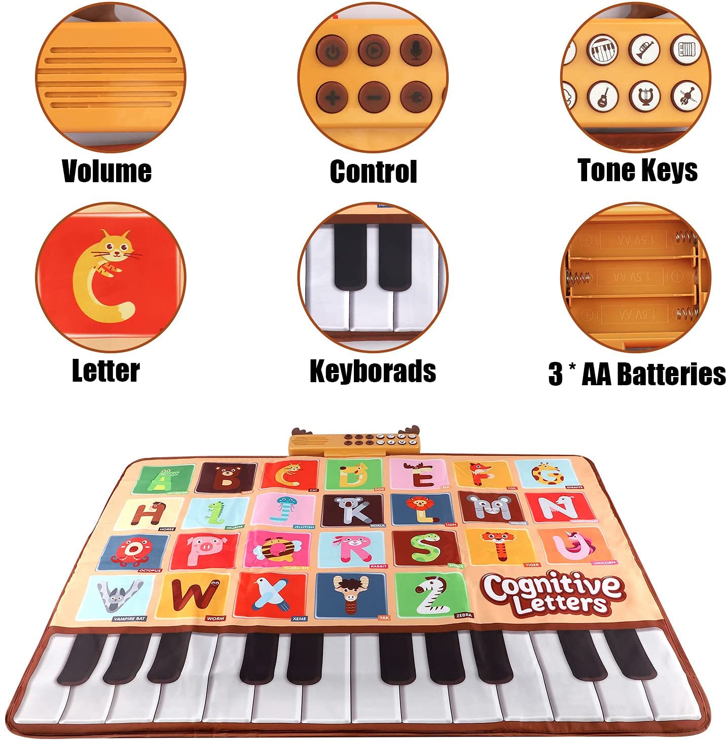 Allaugh Baby Piano Mat with 26 Letters，6 Instruments Sounds Animal Touch Keyboard Dance Mat， Floor Piano Mat Learning Toys for Boy Toddler -1pc