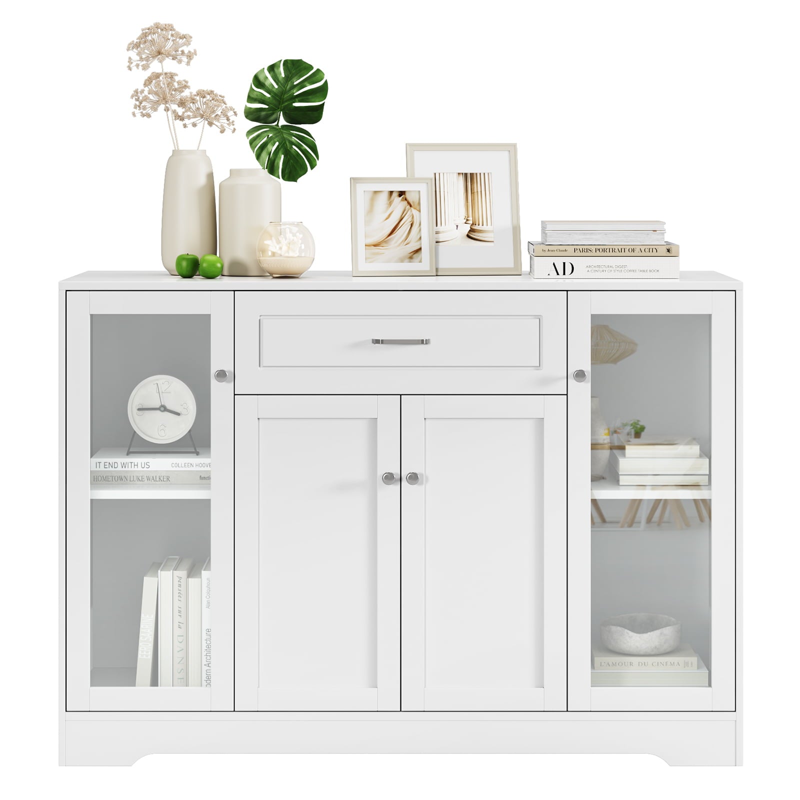 Homfa Storage Cabinet with Glass Door, 47.2"W Wooden Cupboard Kitchen Buffet Sideboard with Drawer, White