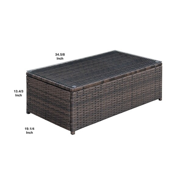 Rectangular Faux Rattan and Aluminum Coffee Table with Glass Top， Brown