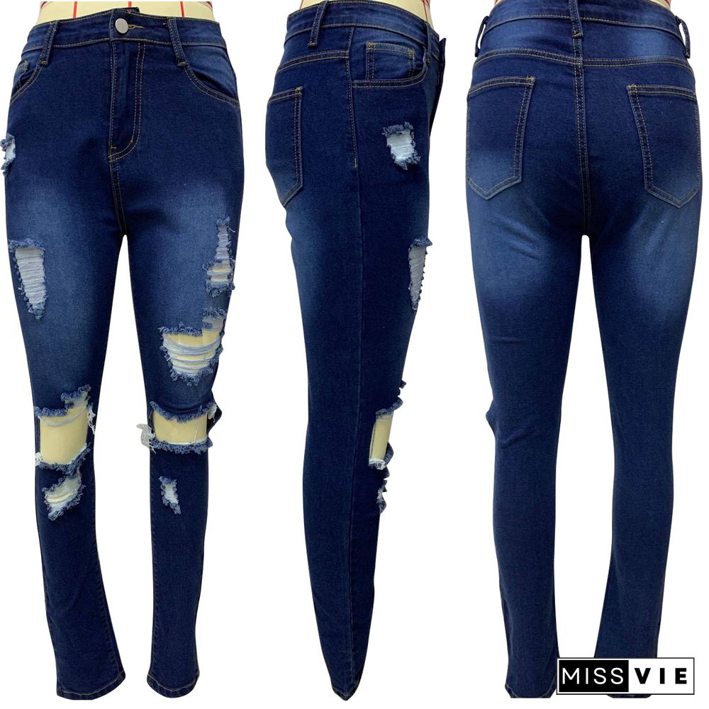 Hole Rippen High Waist Button Pencil Jeans