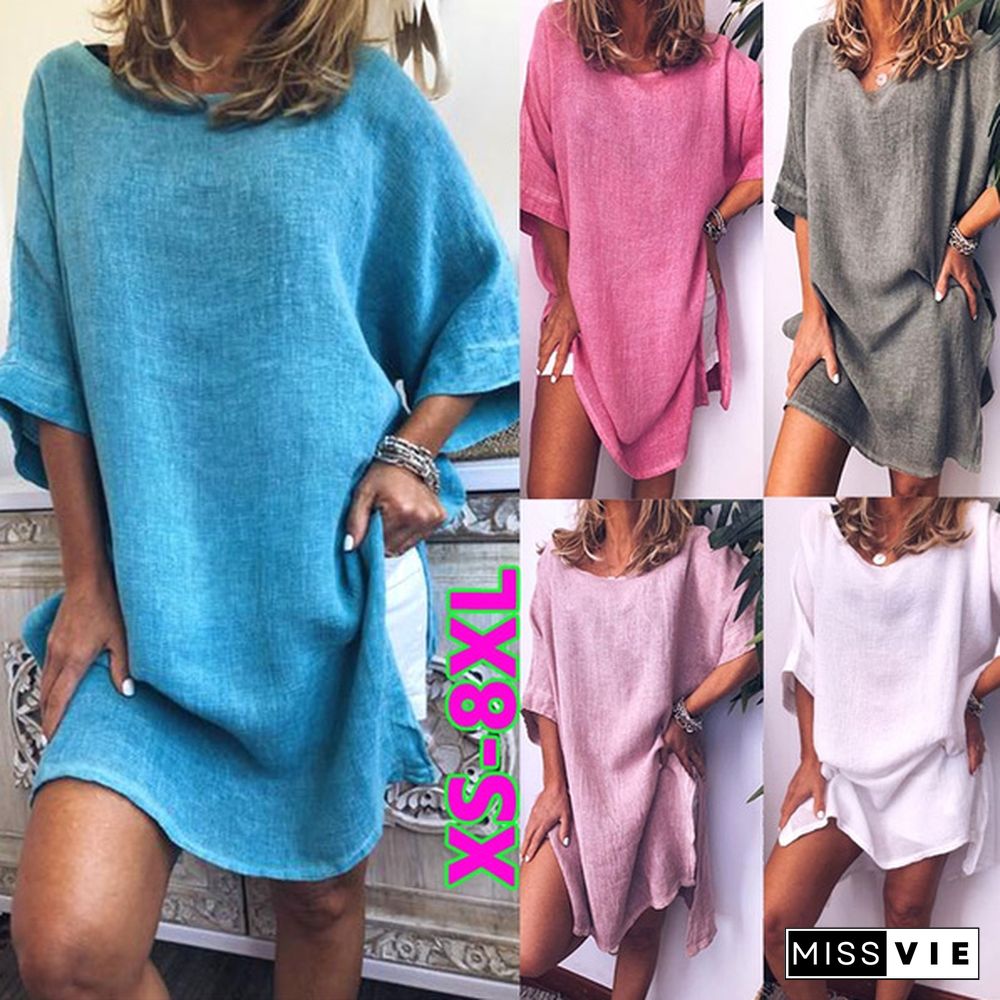 Women's Summer Casual Short Sleeve Plus Size Oversized T-shirt Dress Solid Color Loose Slit Hem Long Linen Blouses Side Slit Beach Wear Party Dress