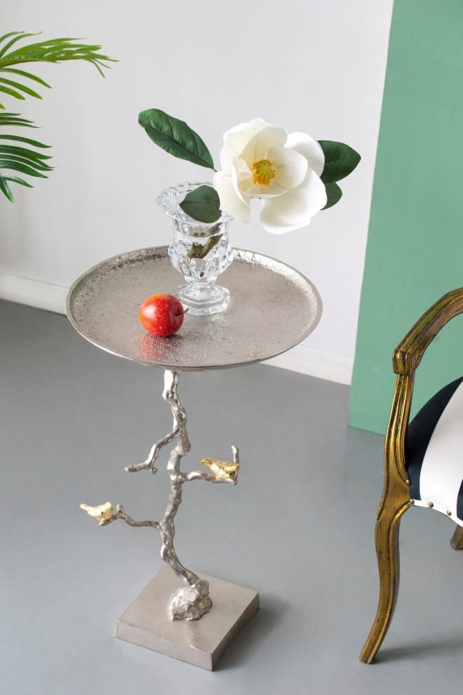 28 quotAluminum Silver Branch Accent Table With Gold Birds   Rustic   Console Tables   by GwG Outlet  Houzz