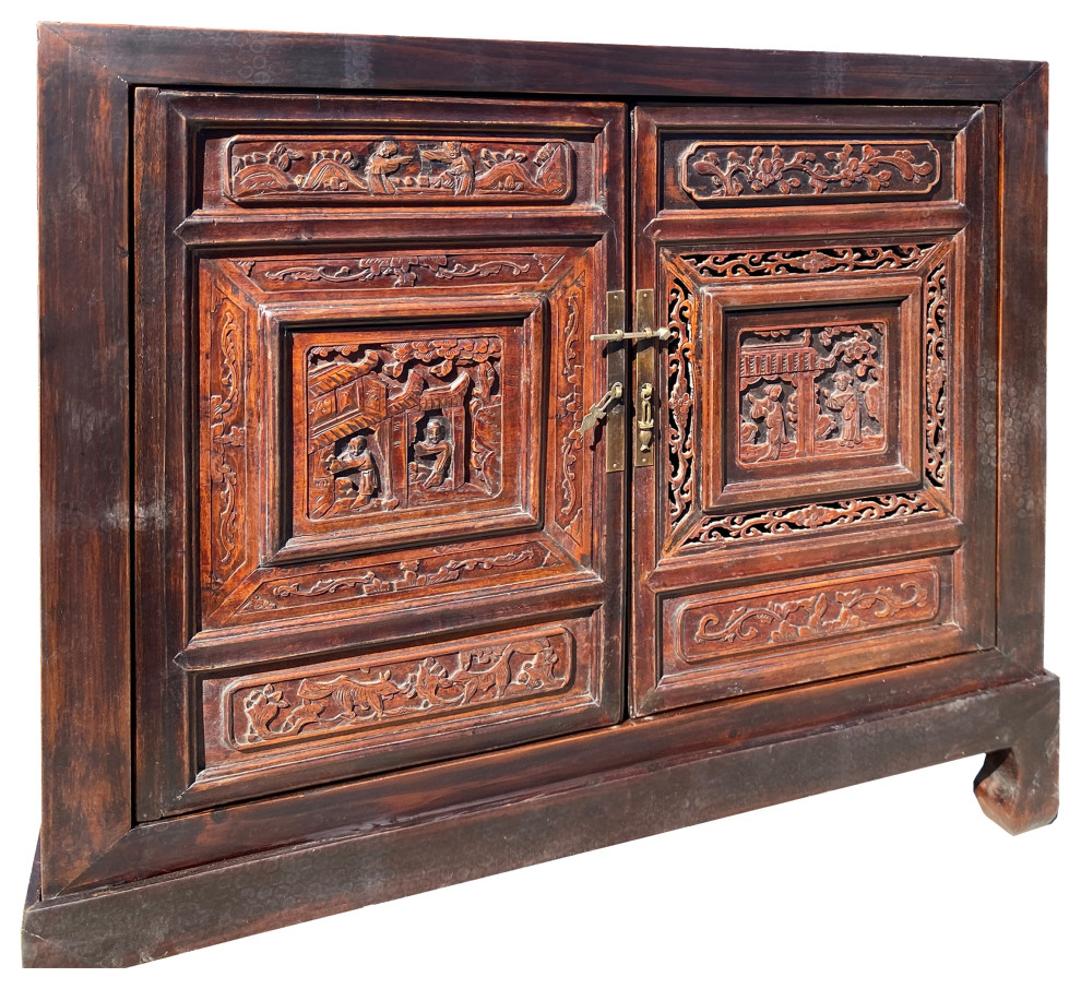 Chinese Brown Scenery Relief Carving Panel Doors Side Table Cabinet Hcs7430   Asian   Side Tables And End Tables   by Golden Lotus Antiques  Houzz