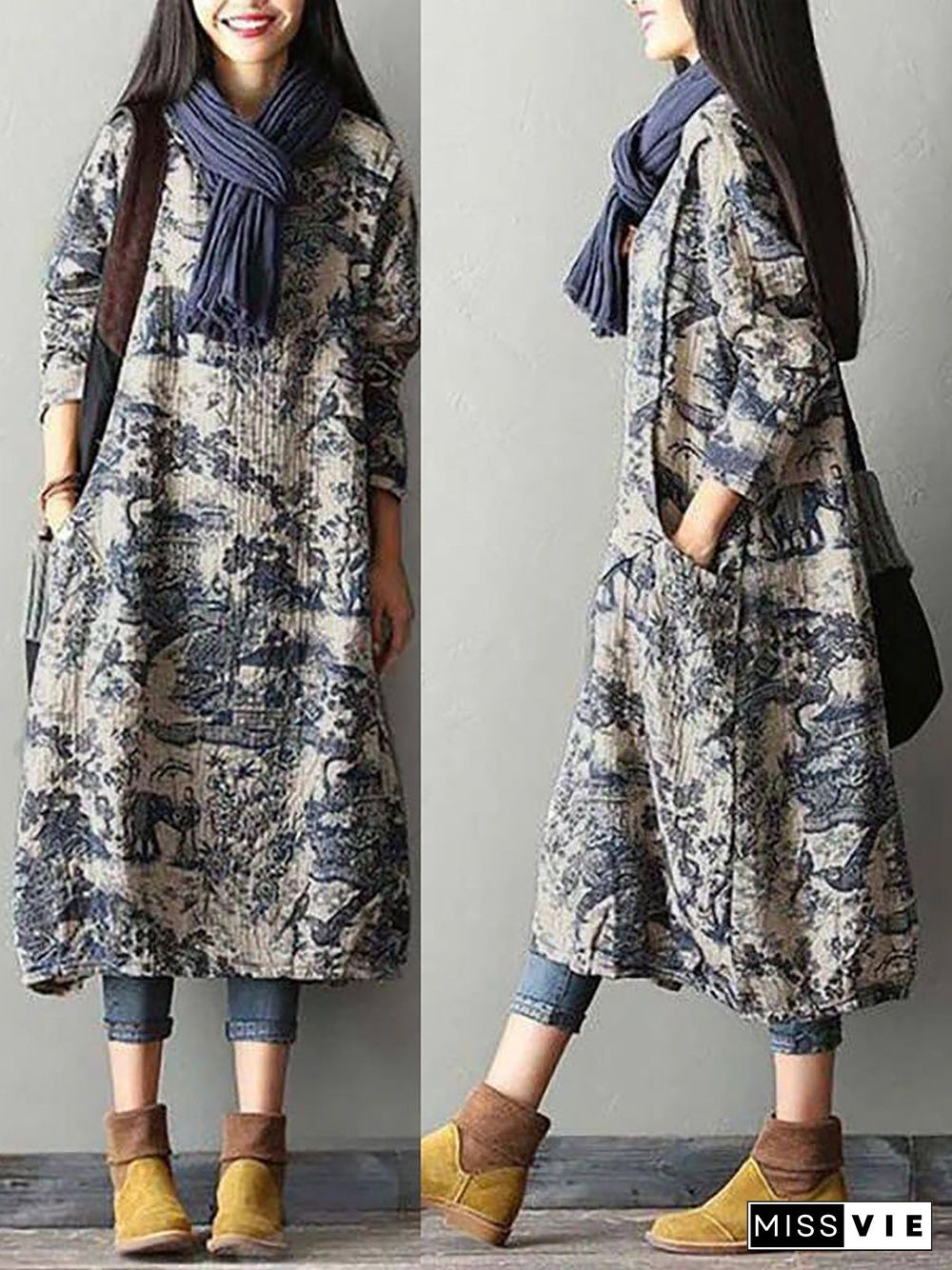 Women's Plus Size Floral Cotton Vintage Casual Loose Printing Maxi Dress