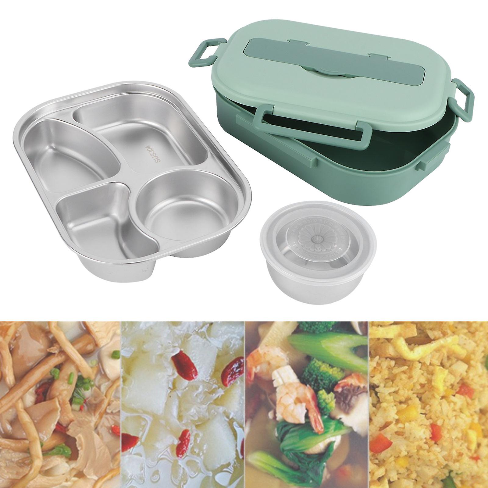 Stainless Steel Lunch Box 4grid Portable Bento Box Food Storage Container For Student Adult4grid Lunch Box With Soup Bowl: Green