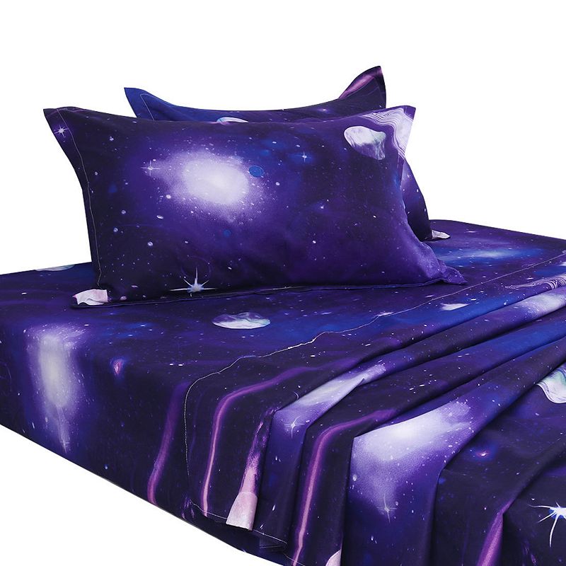 PiccoCasa 4Pcs Galaxy Sheet Set Bedding Set Soft Bed Sheets with Pillow Cases Purple