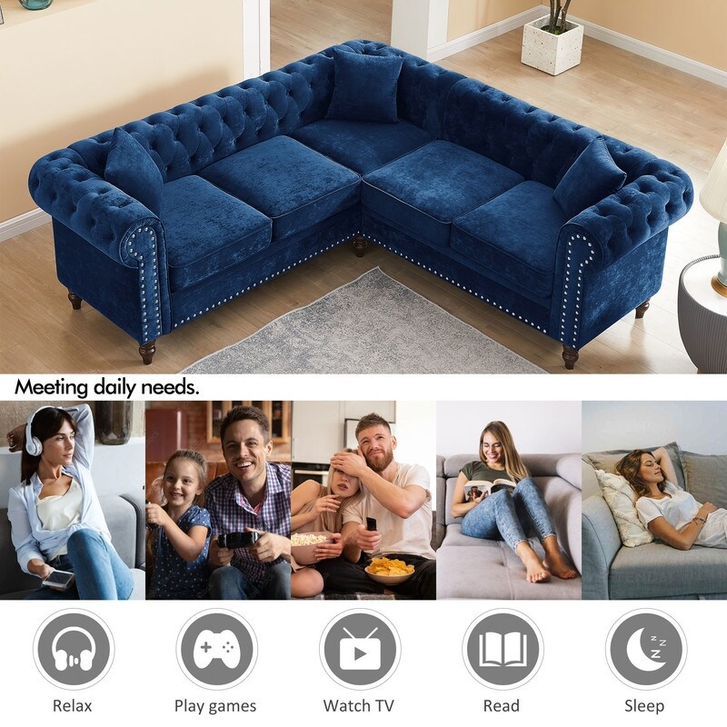 Chesterfield Button Tufted Upholstered Sectional Sofas L Shaped Sofa with 3 Pillows Included and Solid Wood Gourd Legs