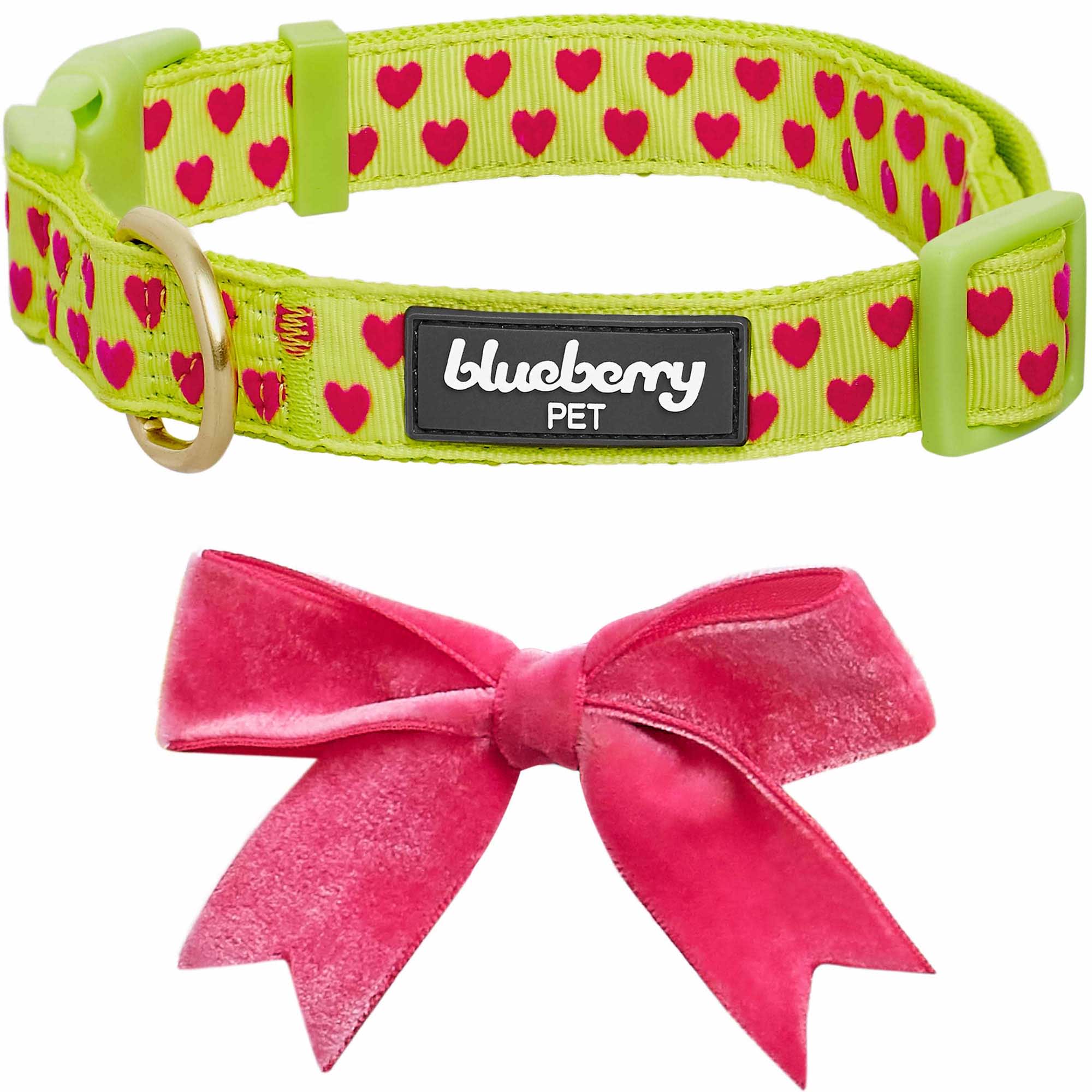 BLUEBERRY PET Highlighter Green Velvety Heart Flocking Dog Collar， Small