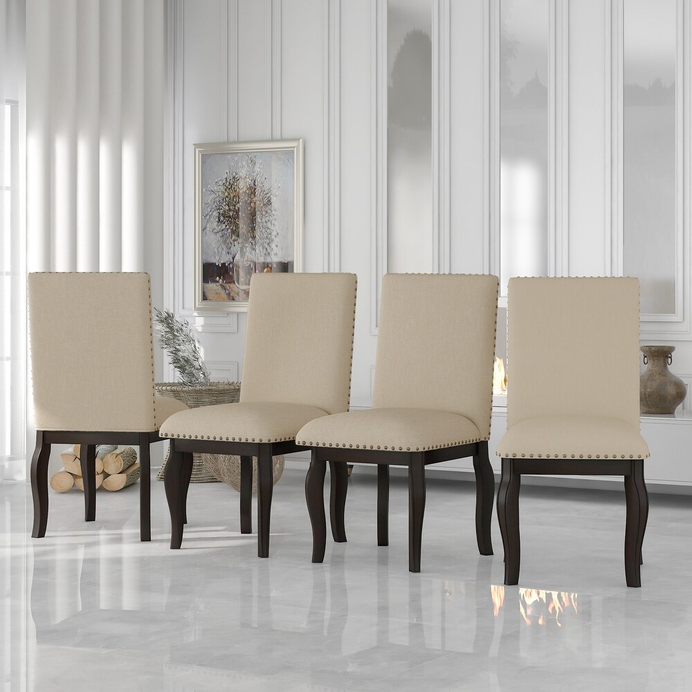 Set of 4 Dining Chairs with Solid Wood Legs  Mid Century Modern Upholstered Dining Room Chairs with Nailhead Decoration