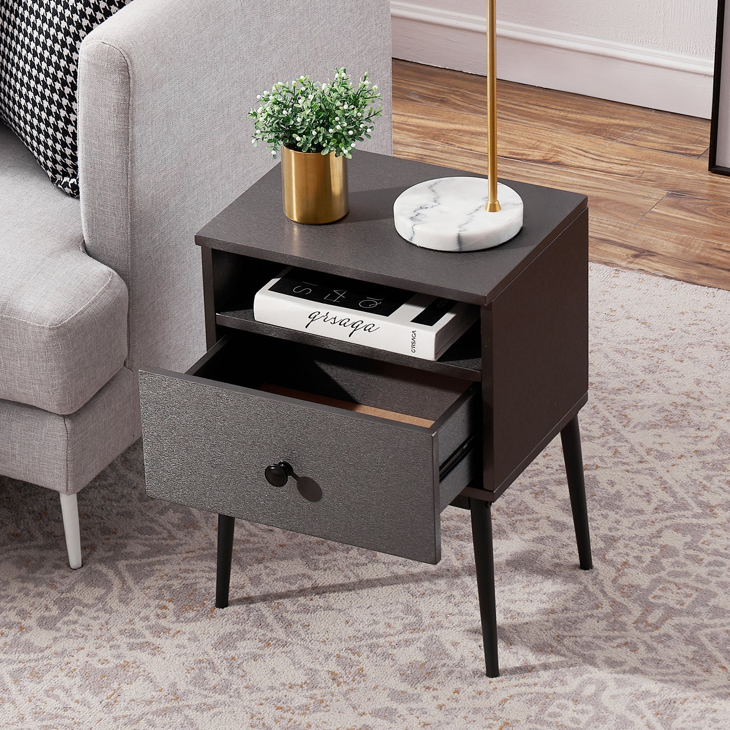 VECELO Mid-Century Nightstand with Drawer, Modern Side End Table with Cubby Space for Bedroom/Living Room/Office, Gray