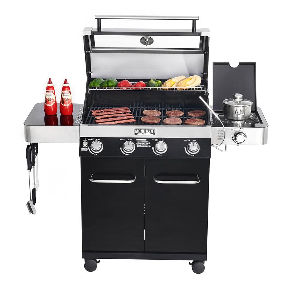 Monument Grills 4-Burner Propane Gas Grill in Black with ClearView Lid, LED Controls, Side Burner and USB Light 42538B